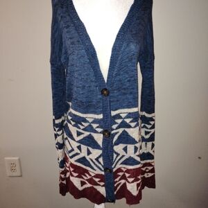 Hollister Geometric Knit Cardigan - Blue, Cream & Burgundy